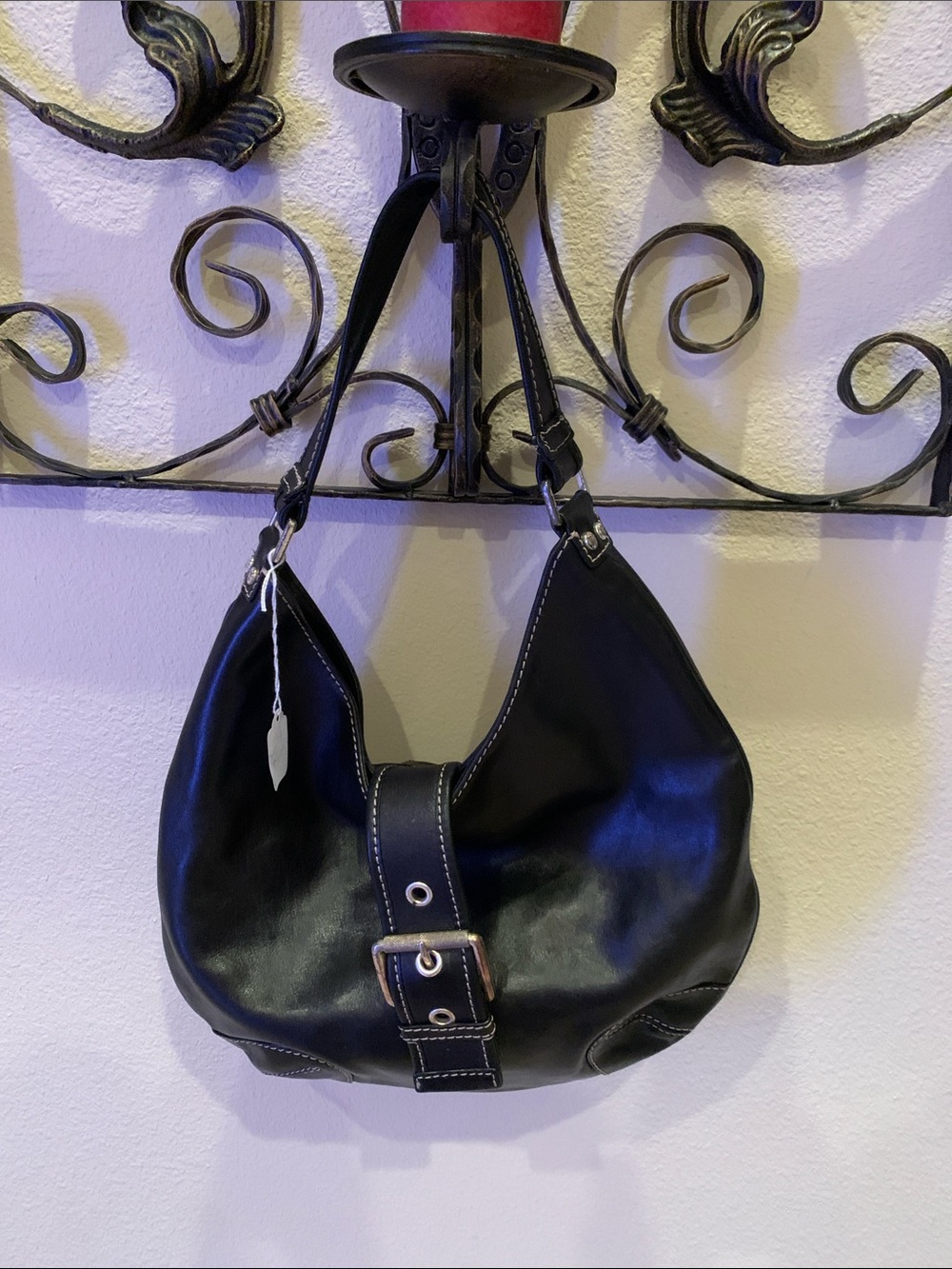 Michael Kors Black Leather Shoulder Hobo with Buckle Accent